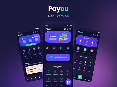 Payou Digital Wallet App Dark UI kit android app application bank dark mode digital figma finance fintech illustration interface ios money neel prakhar sharma ui ui kit upi wallet