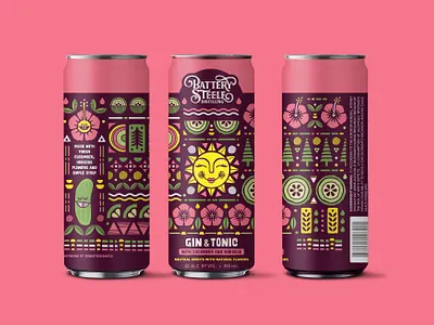 Gin & Tonic (w/ cucumber and hibiscus) craft cocktail illustration packaging design