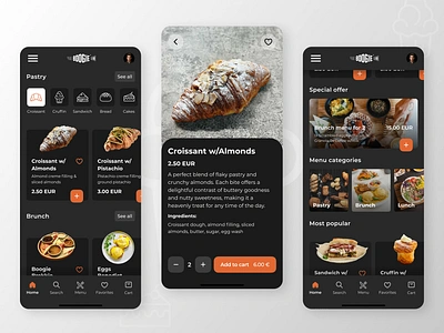 BoogieLab ordering app bakery bakery app brunch dark mode dark theme food app food ordering mobile mobile app mobile app design mobile ui order ordering app product design restaurant restaurant app ui ui design user interface uxui design