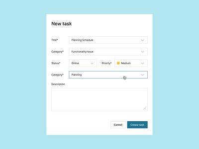 Create task modal buttons create task modal cta description design design exploration figma input input field new task product design selection task modal title ui ui design ux ux design web design website