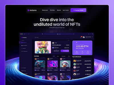 NFT landing page (Artismo) blockchain crypto dark darkmode dashboard ethereum gradient landingpage nft ui userinterface web3 webdesign