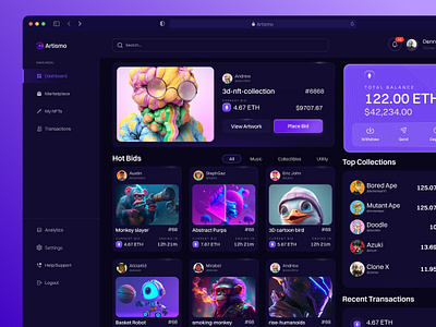 NFT Dashboard (Artismo) blockchain dark darkmode dashboard gradient nft purple uiux userinterface ux web3 webdesign