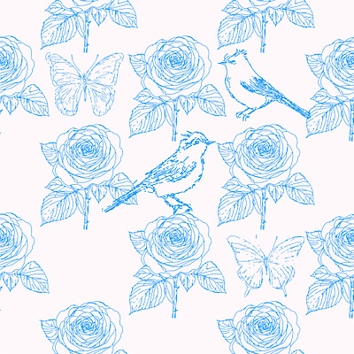 "Spring birds in rose garden" art artistic background blue color bohemian botanical design floral flower hand textured illustration line art packaging pattern rose flower seamless spring birds textile wallpaper