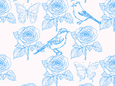 "Spring birds in rose garden" art artistic background blue color bohemian botanical design floral flower hand textured illustration line art packaging pattern rose flower seamless spring birds textile wallpaper