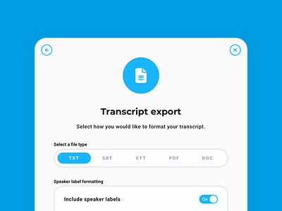Transcript Export Modal ai app clean design export file interface llm minimal modal nlp podcast product segmented controller simple toggle transcript ui ux web