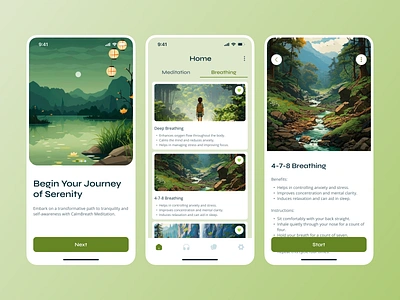 Meditation & Wellness mobile app aesthetics articles button calm care design game graphic graphic design green grid meditation mobile onboarding planner practice style tracker ui wellness