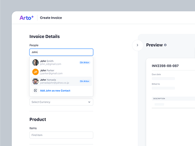 Arto Plus - Create Invoice - Select People contact list create invoice management payment product design saas select people transactions ui ux web design