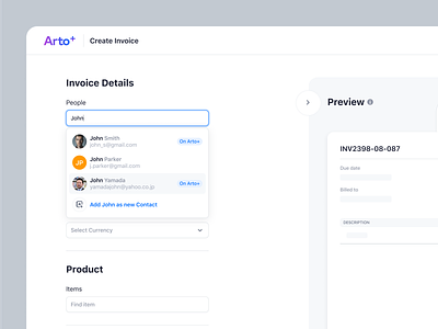 Arto Plus - Create Invoice - Select People contact list create invoice management payment product design saas select people transactions ui ux web design