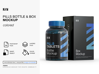 Pills Bottle & Box Mockup bottle capsule capsule bottle mockup capsules dietary supplement mockup glass bottle mockup medical medicine mockup packaging mockup pills product mockup suplement vitamin