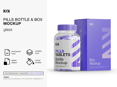 Pills Bottle & Box Mockup bottle box mockup capsule capsule bottle mockup capsules dietary dietary supplement mockup glass bottle mockup medical medicine mock up mockup packaging mockup pharmacy pills pills bottle mock up pills bottle mockup product mockup supplement