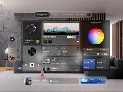Vision Pro Smart Home 3d after effect animation app appdesign connecting connection graphic design light living room motion graphics search smart connection smart controller smart device smart light smarthome ui uiux weather