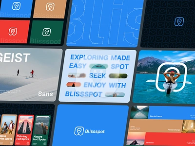 Travel App Visual Identity - Blissspot brand brand design brand identity brandbook branding color graphic design identity logo logo design travel travel app travel brand typography visual identity