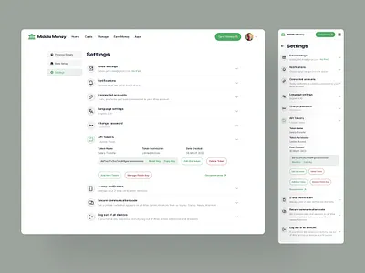 Middle Money: Money Transfer Service Provider! accordion api app dashboard green money page profile responsive setting status tab transfer ui ux webapp