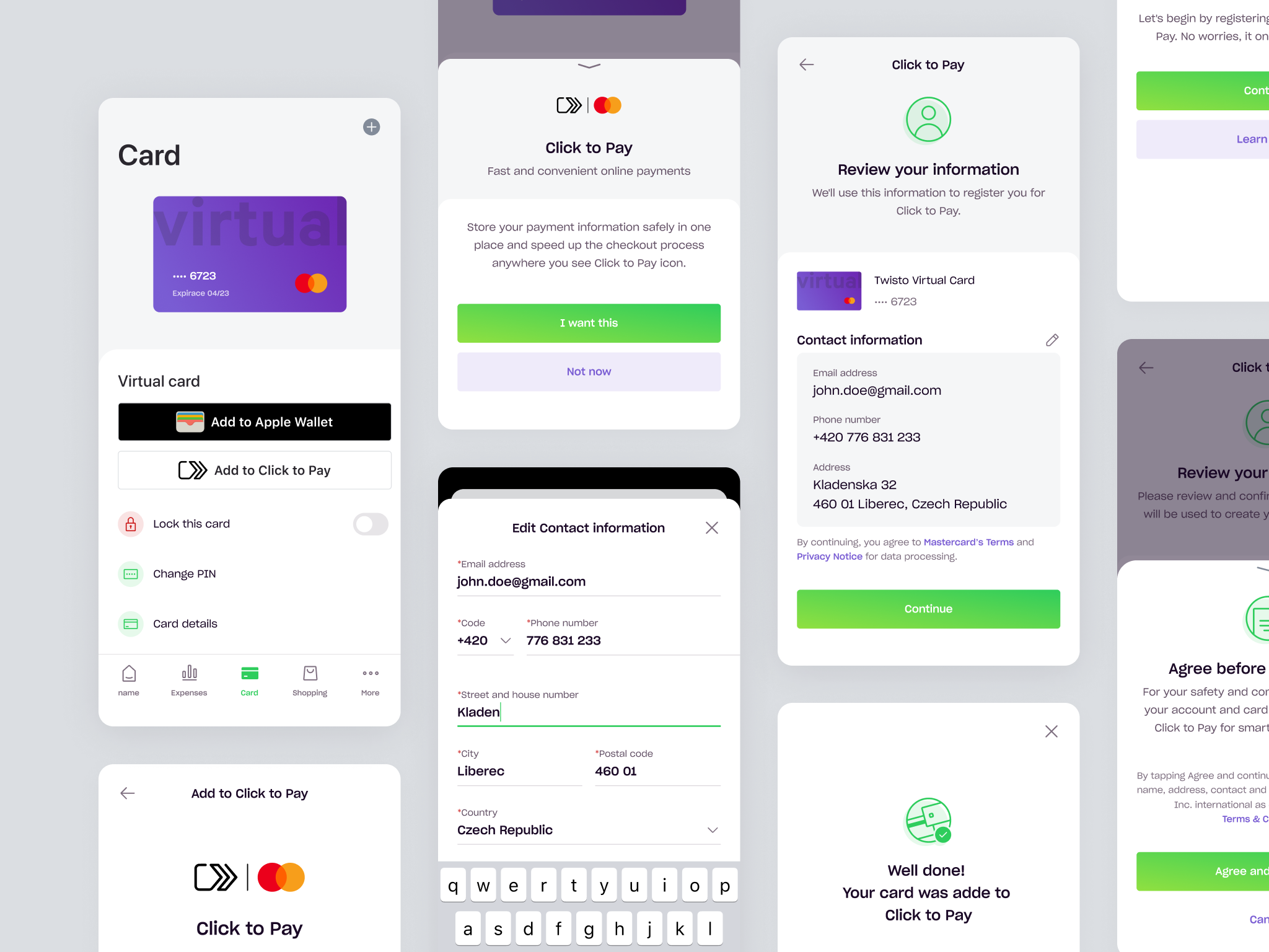 Twisto - Click to Pay address app bnpl card click to pay finance fintech light light layout light ui mastercard mobile app modals product design twisto ui wallet