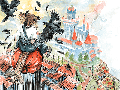 Illustration for children book adult book illustration book illustrator flying illustration ink krapivin magic illustration pumpkin the boy in the sky watercolor watercolor illustration