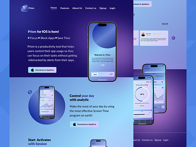 Prism App Landing Page app landing page block apps branding figma focus ios app landing page mobile app design prism productivity app reduce screen time save time time management app ui ui ux design uiux uiux mobile app uiux mobile app design ux