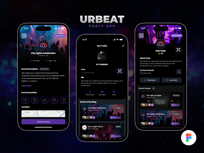 URBEAT, Party App dark theme design ios design iphone design mobile app ui music app party party app party app design party ui purple theme design ux design