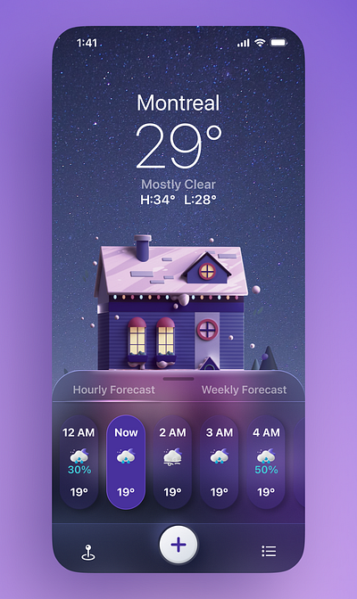 Crystal Clear Weather App: Glassmorphism Forecast dark theme glassmorphism mobile app product design ui ux weather weather app