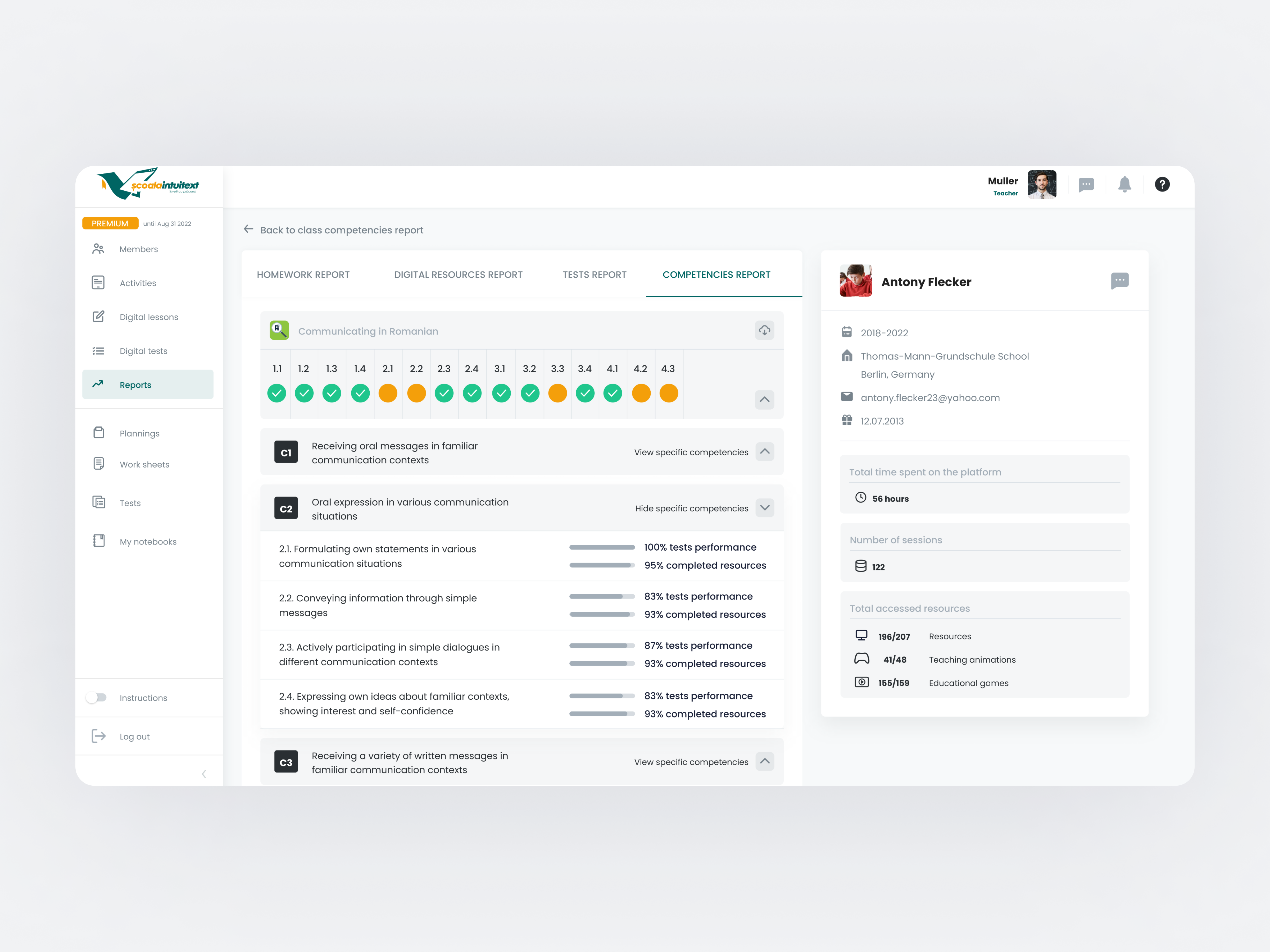 Example of ScoalaIntuitext • Individual Reports • Web Platform for Teachers