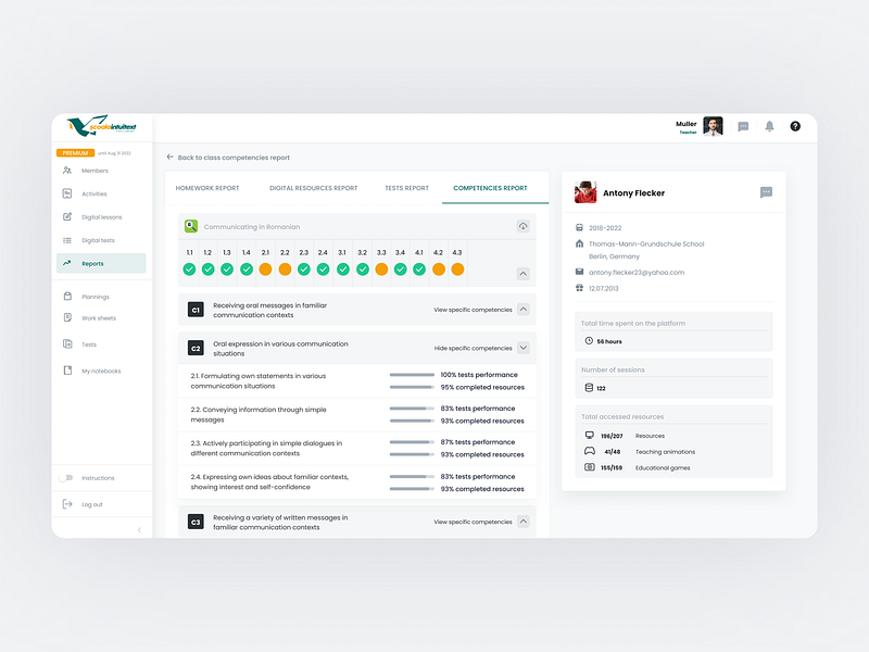 ScoalaIntuitext • Individual Reports • Web Platform for Teachers children competencies homeworks learning units performance reporting tool reports school students teachers ui ux