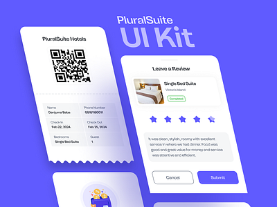 UI Kit - PluralSuite Hotel App app design app ui booking app calendar figma ui kit free ui kit hotel hotel app hotel booking app minimal mobile app payment succeess qr code rating review template ui card ui design ui kit ux design