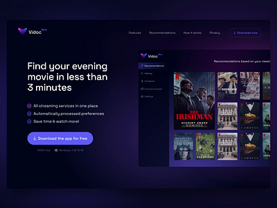 Vidoc.tv | Landing page branding cinematic dark logo motion graphics netflix purple svod ui webdesign