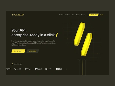 Speakeasy — Website 3d animation api clean dark design dev grid integration landing lp sdk spline tech technical ui ux web website yellow