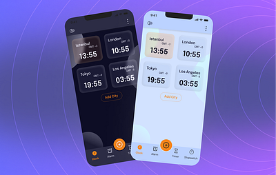 Glass Effect Alarm App alarm app application clock dark mode dark theme design figma glass glassmorphism graphic design interface light mode light theme mobile timer ui user experience user interface ux