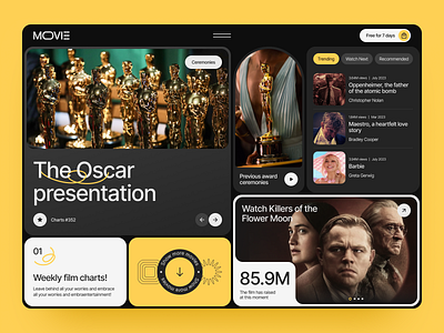 🏆 Oscar Nominations 2024 Website academy awards barbie figma design film charts film site homepage killers of the flower moon movies movies website oppenheimer oscar oscar ceremony oscar nominations ui ux uiux website user interface ux design ux ui watch movies website design