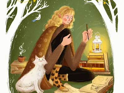 Cozy magic 2d art artwork cat cozy creative design girl graphic design illustration magic winter