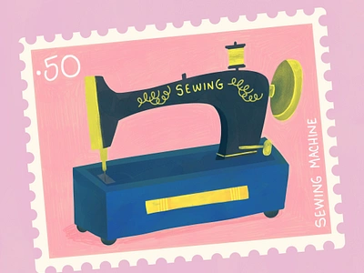 Sewing machine stamp blue illustration pink print sewing machine singer stamp wall decor