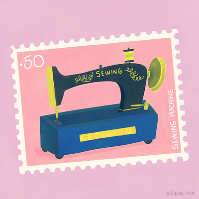 Sewing machine stamp blue illustration pink print sewing machine singer stamp wall decor