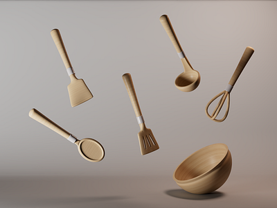 3D Model of Kitchen Utensils 3d 3dart 3dartist 3drender bowl c4d cinema4d design dribbble kitchen kitchen utensils scoop utensils wooden