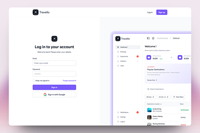 Travello- Login beautiful hero branding dashboard design hero illustration landing page light theme login onboarding purple accent ui website