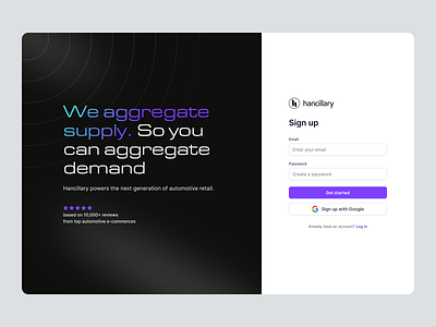 Sign up | Hancillary - next-generation app for automotive retail aggregate aggregator automotive clean ui create account ecommerce new account product design register retail saas saas app sign in sign up web app