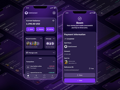 CoinConnect - fintech app bank banking cash dark darkui finance fintech money online onlinebanking purple transaction transfer ui ux