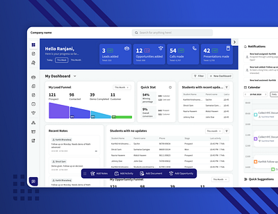 CRM Dashboard for Edtech analytics case study crm crm dashboard customisable dashboard homepage material design product design sales ui user interface design ux design ux research web design