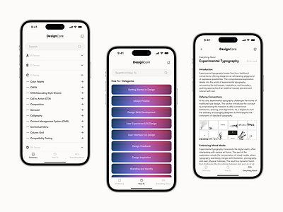 DesignCore ‒ Ultimate Design Knowledge Hub app design branding design digital design education figma graphic design logo minimalism mobile app product design ui ui design user experience user interface ux ux design uxui uxui design visual design