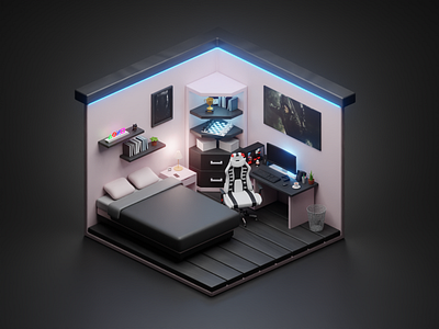 3D Isometric Gaming Bedroom 3d modeling blender illustration isometric low poly