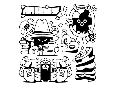 The Monocronies 02. 2d 8ball black cartoon character characterdesign hat heart illustration illustrator ink mirror monochrome simple white