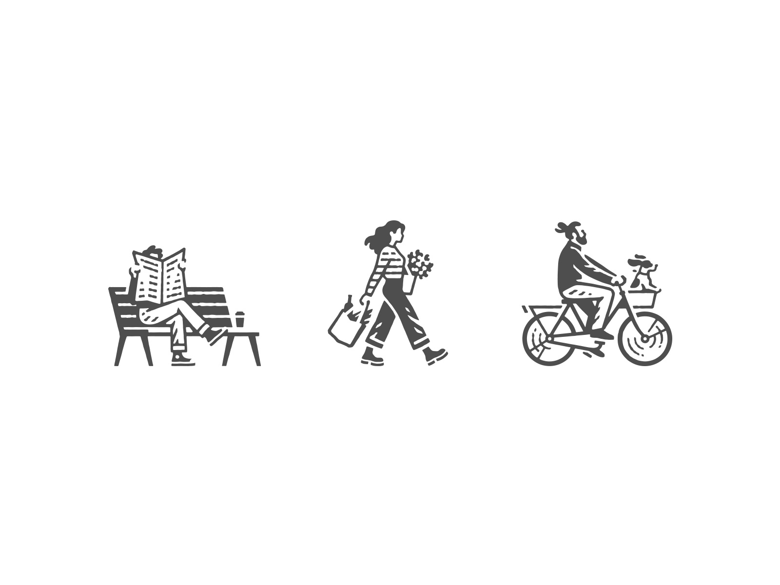 Icons for a branding bicycle design dog engraving etching label logo men pen and ink vector engraving women woodcut