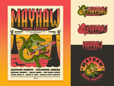 Mayhaw Music Festival Branding acoustic alabama alligator badge blugrass branding crocodile duck gradient guitar illustration jam band lines logo loon music festival music industry swamp tree vintage