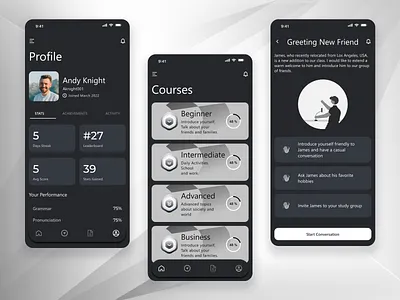 Monochrome Mastery: A Bold Take on English Learning branding dark mode design design trends mobile app ui ux