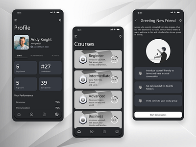 Monochrome Mastery: A Bold Take on English Learning branding dark mode design design trends mobile app ui ux