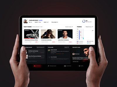 Martial Arts Dashboard courses dark dark mode dashboard dashboard design interface ipad karate light marketing martial arts product design red saas tablet training ui