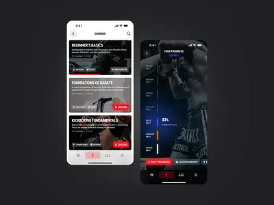 Martial Arts App app app design black dark mode fitness fitness app ios iphone karate light mode martial arts red ui user interface