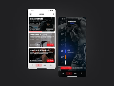 Martial Arts App app app design black dark mode fitness fitness app ios iphone karate light mode martial arts red ui user interface