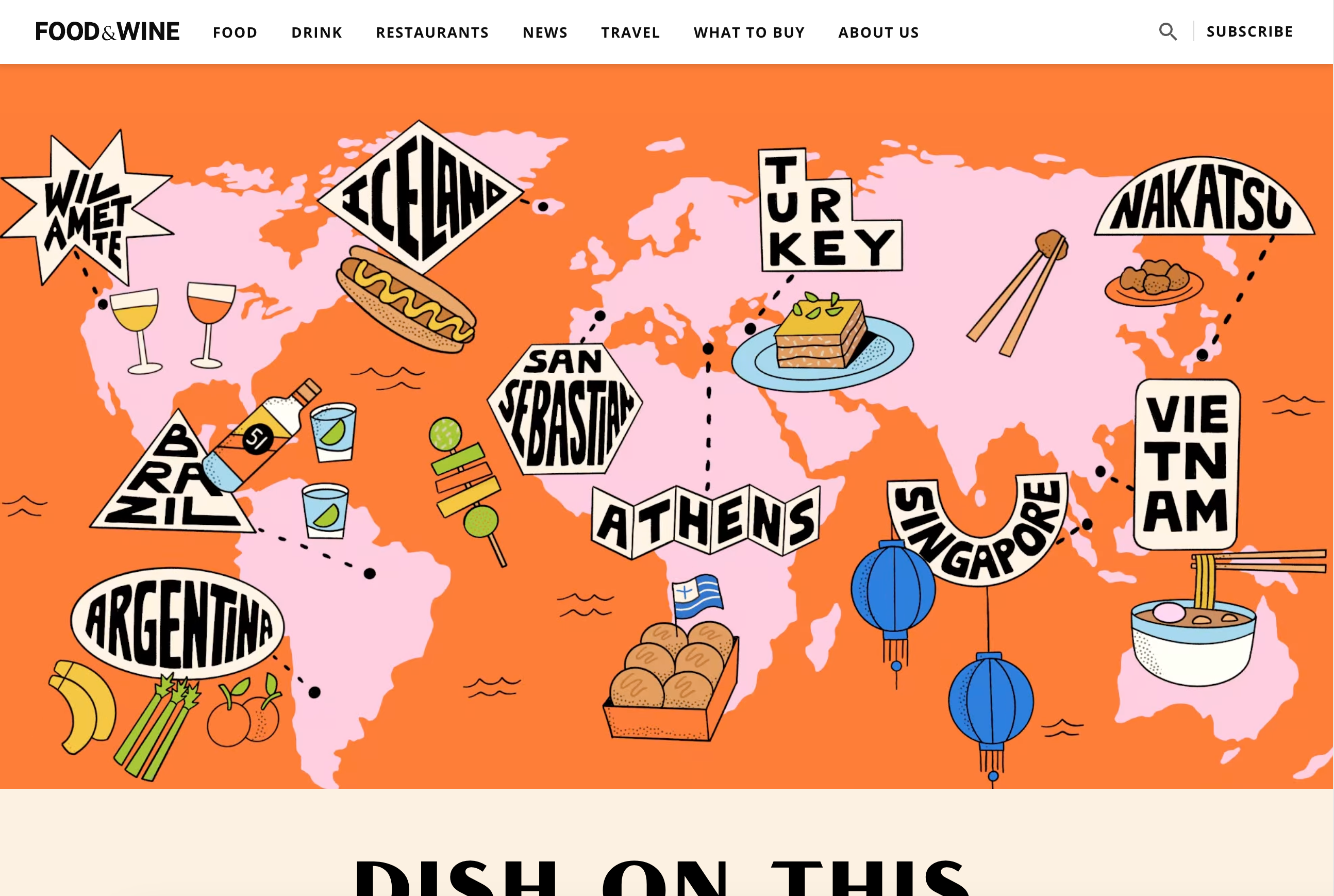 World Travel Food Illustrations for Food & Wine Magazine chicken editorial editorial illustration food fruit globe hot dog illustration lettering magazine map ramen travel veggies