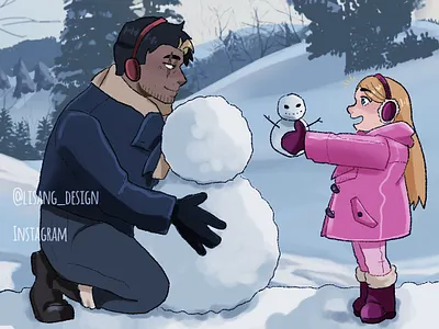 A father and his child on a snowy day. character design digital art illustration