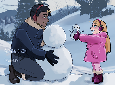 A father and his child on a snowy day. character design digital art illustration